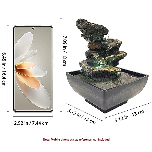 Indoor Tabletop Fountain Water Fountain with Light and Natural Waterfall Sounds for Desktop, Spa and Home Décor, 4-Tier Small Desktop Fountain for Leisure and Relax Zen Meditation