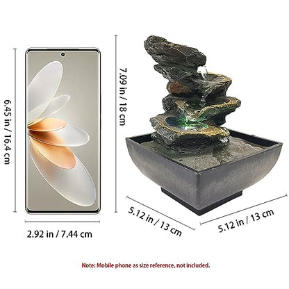 Indoor Tabletop Fountain Water Fountain with Light and Natural Waterfall Sounds for Desktop, Spa and Home Décor, 4-Tier Small Desktop Fountain for Leisure and Relax Zen Meditation