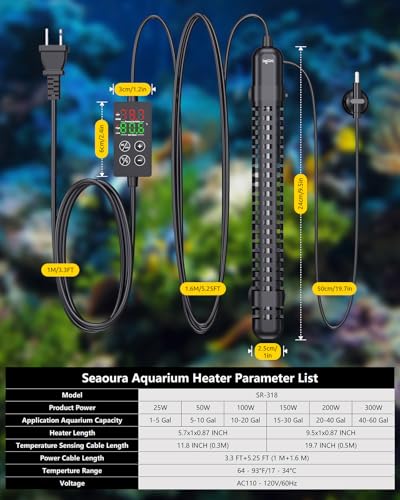 SEAOURA Small Aquarium Heater, 150W Fish Tank Heaters for 15-30 Gallon, Submersible Turtle Heater with LED Controller, Safety Protection & Auto Power-Off, Saltwater Freshwater - size: Tank for 15-30 Gallon