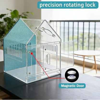 Magnetic Acrylic Spider Enclosure 5.3x5.3x7.3 Inch, House Shape Terrarium with Blue or Purple Background for Jumping Spiders, Tarantula Slings & Mantis, Escape-Proof Habitat (Blue)