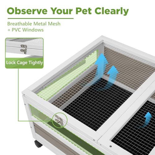 Tortoise Habitat with Lamp Holder in Indoor & Outdoor, Wooden Extensible Turtle Enclosure Table with 4 360° Lockable Wheels, Leakproof Tray, Openable Roof for Tortle, Lizard, Chameleon - size: 39"L x 24"W x 14"H