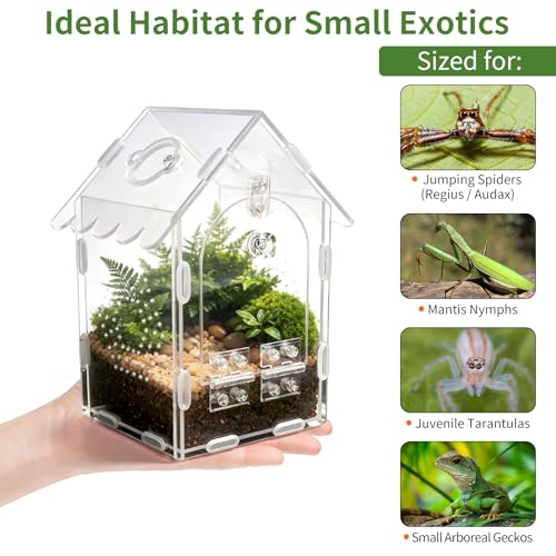 Jumping Spider Enclosure, Acrylic Tarantula Terrarium 4.38"×4.75"×8", Care Kit with 2 Tweezers, 2 Paint Brushes & Spray Bottle, Magnetic Door, Escape-Proof Habitat for Spiders, Tarantulas & Mantis