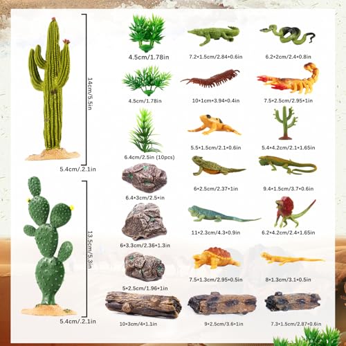 32Pcs Desert Reptiles Animals Figures Toys School Projects Diorama Kit Lizard Snake Cactus Plants Rock Playset for Kids Toddlers Cake Toppers Birthday Party Favor Decorations - style: Reptiles