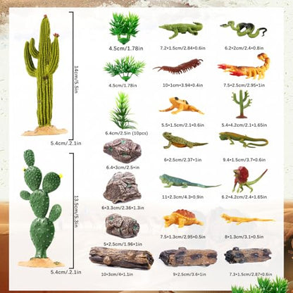 32Pcs Desert Reptiles Animals Figures Toys School Projects Diorama Kit Lizard Snake Cactus Plants Rock Playset for Kids Toddlers Cake Toppers Birthday Party Favor Decorations - style: Reptiles