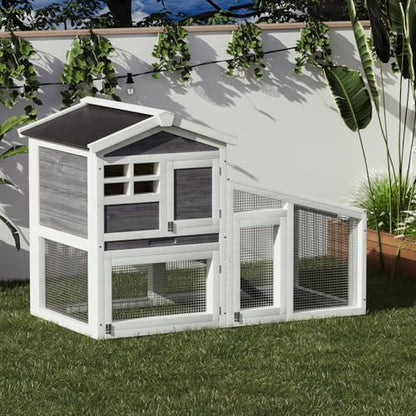 GarveeLife Rabbit Cage, Outdoor Weatherproof Bunny House Wooden, Indoor Bunny Cage with Run, Rabbit Hutch with Removable Tray, Grid Fences, Ramp 53.15" L x 23.62W 37.8" H Gray - color: Gray