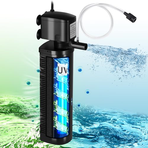 Small Pond Filter for 75-300 Gallon Tank, Aquarium U-V Filter Green Clean Machine Submersible Powerful Pump Canister Filter 600GPH for Fish Turtle Tank Saltwater Freshwater Crystal Clear Green Killing - size: Large - H10F(for 75-300 Gallon)