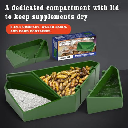 Bearded Dragon Tank Accessories, 3-in-1 Reptile Bowl with Dismountable Section for Food Water and Powder, Gecko Feeding Ledge, Reptile Tank Accessories for Bearded Dragon, Chameleon, Gecko, Frog