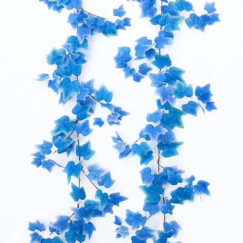 Mizii 2 Strands Artificial Vines Blue Ivy Garland 74" Fake Vine with Silk Leaves Faux Hanging Plants Greenery Decoration for Outdoors Wedding Party Indoor Bedroom Home Wall Room Decor (Blue) - color: Blue