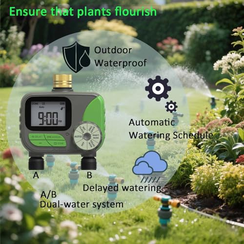 Drip Irrigation System for Garden with Water Timer Main ID 1/2inch 32Ft and 1/4inch 131Ft Water Hose, 2-Zone Automatic Watering System Sufficient Water Irrigation Dripper Waterflow Evenly Easy DIY - size: 32Ft+131Ft 2-Zone