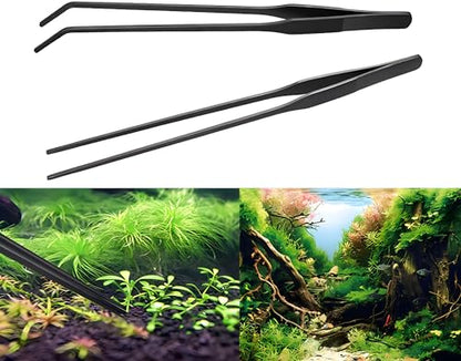 2-Pack Aquarium Tweezers, Stainless Steel Straight and Curved Tweezers Set, Long Handle Reptile Feeding Tongs for Aquatic Plants Lizards Spider Snakes Garden Repairing - 10-3/5inch, Black