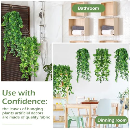 Hoteam 12 Pcs Artificial Hanging Plants 32 Inch Fake Ivy Vines with Fake Leaves Patio Artificial Plants Greenery for Living Room Indoor Outdoor Wall, No Basket (Pothos,Eucalyptus) - color: Pothos, Eucalyptus