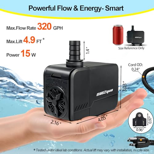 320GPH (1200L/H, 15W) Submersible Water Pump, Quiet & Energy-Efficient Fountain Pump, for Aquarium, Fish Tank, Pond, Fountain, Waterfall, Hydroponics, with 3 Nozzles and 6.6ft Power Cord - size: 320 GPH (15W)