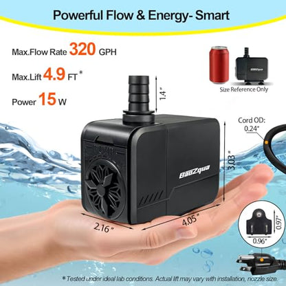 320GPH (1200L/H, 15W) Submersible Water Pump, Quiet & Energy-Efficient Fountain Pump, for Aquarium, Fish Tank, Pond, Fountain, Waterfall, Hydroponics, with 3 Nozzles and 6.6ft Power Cord - size: 320 GPH (15W)