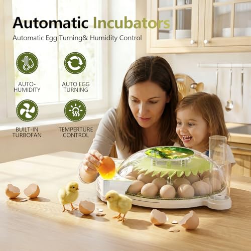 22 Eggs Smart Incubator, One-Click Hatching, Automatic Temp Humidity Control, Auto Egg Turner, Built-in Egg Candler, Music Reminder Poultry Hatcher for Chicken Duck Quail Pigeon Classroom Home Use