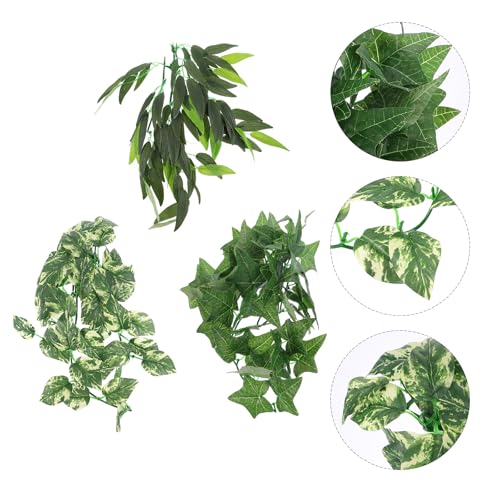 PRETYZOOM 3pcs Reptile Plants Leaf Decoration Set with Suction Cups, Green Artificial Vines for Gecko Snake Terrarium Habitat, 12-inch and 30cm Sizes, Reptile Pet Tank Accessories