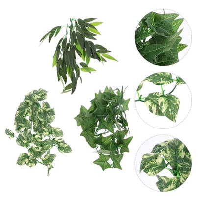 PRETYZOOM 3pcs Reptile Plants Leaf Decoration Set with Suction Cups, Green Artificial Vines for Gecko Snake Terrarium Habitat, 12-inch and 30cm Sizes, Reptile Pet Tank Accessories