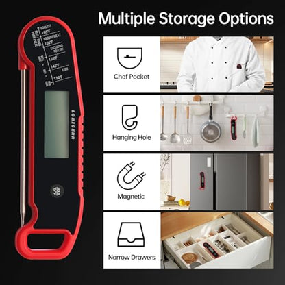 Lonicera Digital Meat Thermometer for Food Cooking. Instant Read Within 1 Sec and ±0.9℉Accuracy with Thermocouple Sensor. IP67 Waterproof, Auto-Rotating Display, Auto Wake up (Red) - color: RED