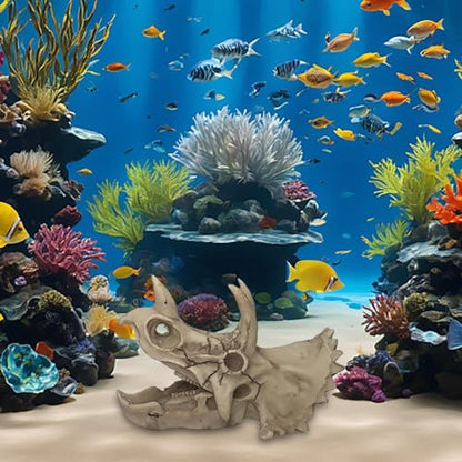 6 Inch Realistic Dinosaur Skull Aquarium Decor - Triceratops Resin Decor with Hideout Holes for Fish Tanks, Reptile Terrariums & Aquatic Habitats, Safe Underwater & Dry Habitat Ornament (A)