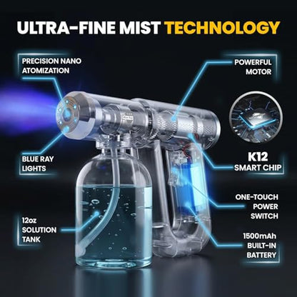 Professional Disinfectant Nano Spray Gun, Ultra Fine Atomizer Sprayer,White | Continuous Spray Bottle with Blue Light, Easy to Use Lightweight and Rechargeable Sanitizer Gun, Multipurpose Fogger Machine - color: White