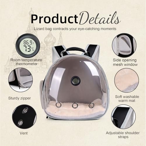 Bearded Dragon Travel Backpack Carrier with Reptile Thermometer and Humidity Gauge Lizard Travel Cage Space Capsule Clear Bubble Window Astronaut Reptile Bag for Ball Python (Black, Backpack) - color: Black, size: Backpack