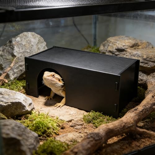 2-in-1 Bearded Dragon Basking Platform with Hideout, Slate Rocks for Reptiles with Black Acrylic Base, Leopard Gecko Hides and Caves, Reptile Tank Accessories for Geckos, Ball Pythons, Tortoise