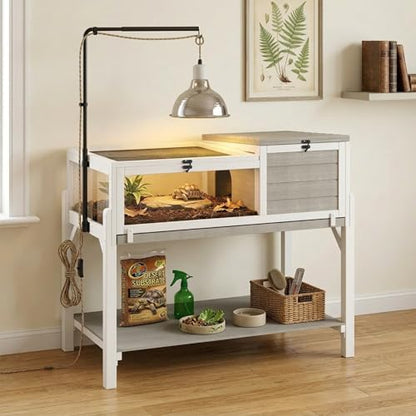 Tortoise Habitat for Small Reptiles, 2-Zone Wooden Turtle Cage with Adjustable Rotating Metal Lamp Stand, Storage Shelf, Indoor Reptile Enclosure for Tortoises, Geckos, Snakes