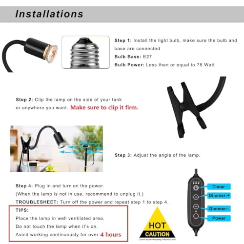 DOMICA Dimmable Reptile Heat Lamp with Timer + 75W UVA UVB Light Bulb, Basking Spot Light Simulated Sunlight, Heating Lamp for Turtle, Lizard, Snake, Beared Dragon, Amphibians