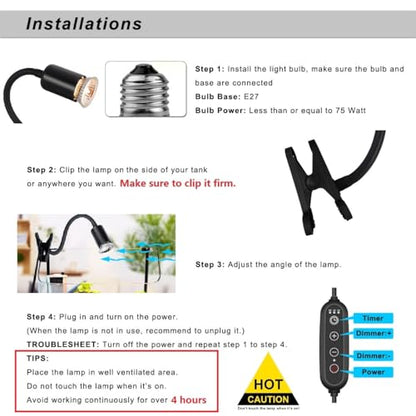DOMICA Dimmable Reptile Heat Lamp with Timer + 75W UVA UVB Light Bulb, Basking Spot Light Simulated Sunlight, Heating Lamp for Turtle, Lizard, Snake, Beared Dragon, Amphibians