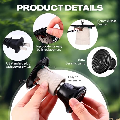 Retisee 4 Pcs Reptile Heat Lamp with Guard Bird Cage Heater 100w Ceramic Bulb Anti-scalding Heat Lamp Holder Bulb Short Grid Cage with Anti-bite Hook and Power Switch for Parrot Lizards Snakes Chicks