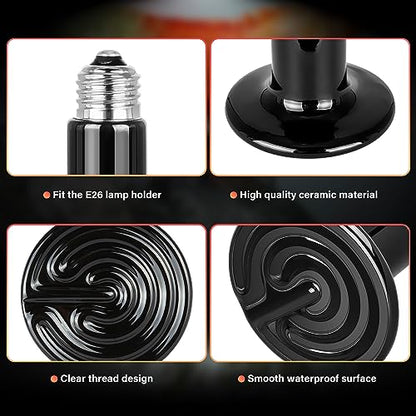 YSSOA 100W Ceramic Heat Emitter, Reptile Heat Bulbs, Ceramic Heat Lamp for Reptiles, Amphibian, Chicken, Dog, Cat, 2 Pack, Black - color: Black, size: 2 Pack, style: 100W