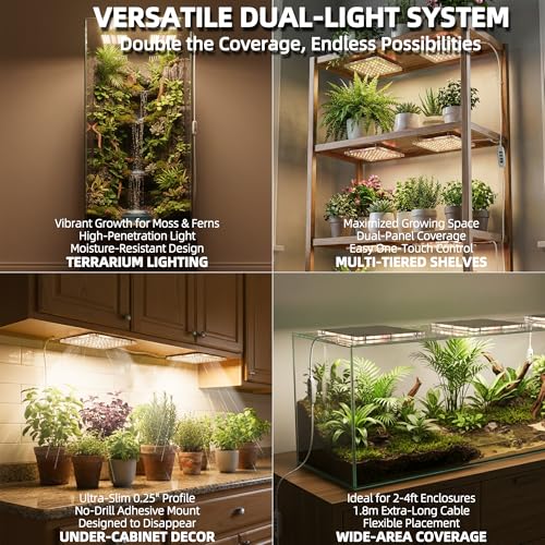 Dual Head Under Shelf Grow Light, USB Powered Stick On LED Under Cabinet Plant Light with Timer, Full Spectrum High PPFD Puck Lights for Shelves, Plant Stands, Indoor Plants, Multi-Plant Coverage - size: Dual Head - 2 x 60 LED