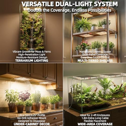 Dual Head Under Shelf Grow Light, USB Powered Stick On LED Under Cabinet Plant Light with Timer, Full Spectrum High PPFD Puck Lights for Shelves, Plant Stands, Indoor Plants, Multi-Plant Coverage - size: Dual Head - 2 x 60 LED