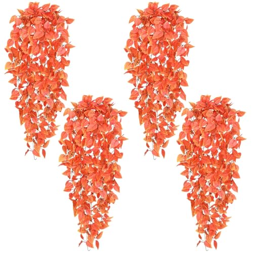 BLEUM CADE Fake Hanging Plants, 4pcs Artificial Hanging Plant, Faux Orange Vines Hanging Plant for Wall Home Living Room Indoor Outdoor Fall Decor (No Baskets) - color: Textured Leaves - Orange, size: 4pcs