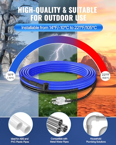 9 FT Water Pipe Heating Cable, 5W Constant Power Self-Regulating Heating Cable, 5W/FT, IPX7 Waterproof, Auto-On/Off, for Metal and Plastic Water Pipes, Freeze Protection, 120V U09HC06 - size: 9 FT