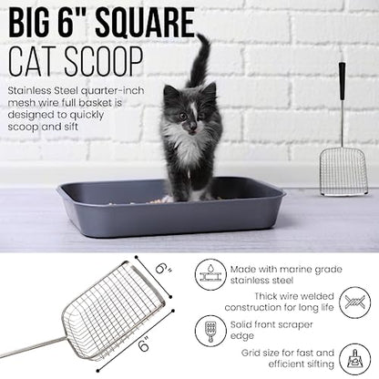 Sand Dipper Cat Poop Scooper & Chicken Poop Scooper - Rugged Big 6" Square Stainless Steel Long Handle for Home Kitty Litter Scoop & Farm Chicken Coop Scooper (Junior) - size: 6 - Junior