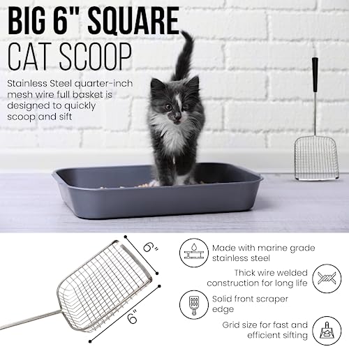 Sand Dipper Cat Poop Scooper & Chicken Poop Scooper - Rugged Big 6" Square Stainless Steel Long Handle for Home Kitty Litter Scoop & Farm Chicken Coop Scooper (Mid-Adjustable) - size: 6 - Mid-Adjustable
