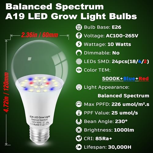 Grow Light Bulbs for Indoor Plants Full Spectrum E26 A19 10W,Grow LED Light Bulb with Balanced Spectrum 5000K Blue Red for Seeds Greens Laboratory,School,Greenhouse, Indore Garden, Hydroponic,1Pcs - size: E26