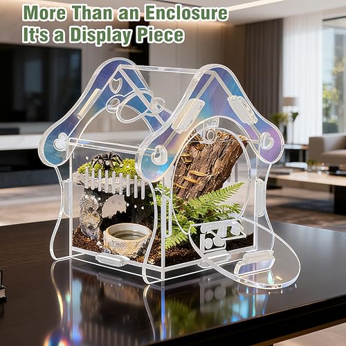 Mushroom Jumping Spider Enclosure Kit, 3mm Acrylic Habitat Tank with Magnetic Feeding Door & Lock, No-Tool Assembly for Jumping Spiders, Mantis, Small Tarantulas