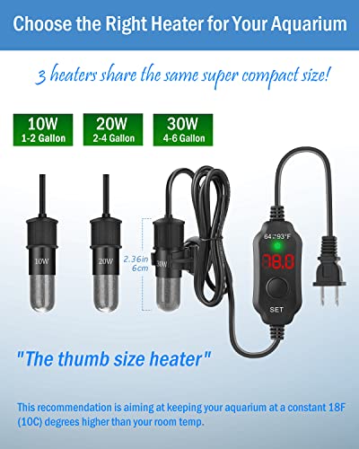 AquaMiracle Mini Aquarium Heater 30W Small Fish Tank Heater for 4-6 Gal Tanks, Digital Display Thermostat Betta Heater with Dry-Run & Overheat Protection, Memory Function - size: ≤ 6 Gal Tanks