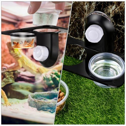 ABOOFAN 2pcs Reptile Feeder with Suction Cup Plastic Water and Food Bowl Double Compartments for Lizards Gecko Terrarium Feeding Supplies