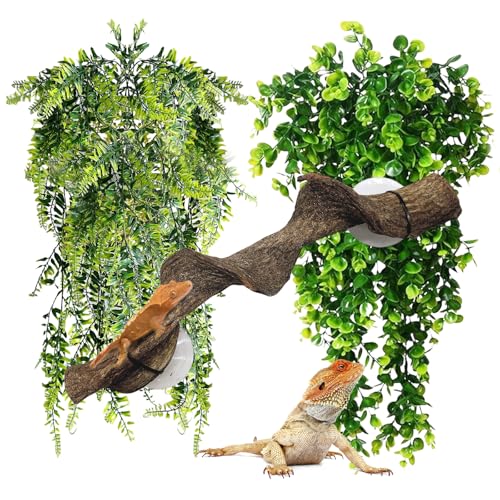 kathson Reptile Corner Branch & Hanging Plants Decor, Bearded Dragons Climbing Vine Branches,Tank Climb Branch with Terrarium Plant Accessories Ornament for Amphibians, Lizards, Snakes, Geckos, Frogs