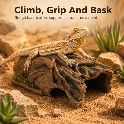 Large Reptile Hideout, Resin Hollow Log Cave for Ball Python & Bearded Dragon, Natural Basking Platform & Tank Decor for Snake, Gecko, Lizard, Tortoise, Axolotl