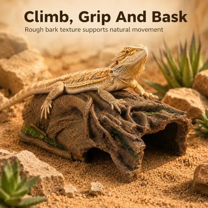 Large Reptile Hideout, Resin Hollow Log Cave for Ball Python & Bearded Dragon, Natural Basking Platform & Tank Decor for Snake, Gecko, Lizard, Tortoise, Axolotl