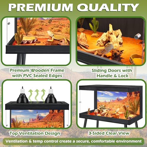 ROYXEN Bearded Dragon Tank with Leg Stand,24 Gallon Tempered Glass Reptile Tank with Metal Mesh Top, 3-Side Clear Anti-Scratch Glass Lizard Tank,Snake Tank for Reptile Habitat (Black,24" Length) - color: Black, size: 30Gal,24x16x16inch