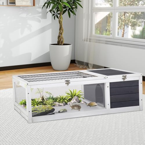 Wooden Tortoise House Tortoise Habitat Tortoise Cage Indoor Outdoor Tortoise Enclosure Large Transparent Tortoise Enclosure with Rest Area Activity Area Removable Tray for Small Medium Animals, Gray