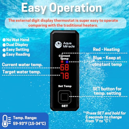 AquaMiracle Upgraded 25W Small Aquarium Heater Fish Tank Heater Turtle Heater Super Mini Aquarium Heater, Dry-Run/Overheating Protection and Memory Function, Dual LED Display, for 3-5 Gal Tanks - size: For 3-5 Gal Aquariums
