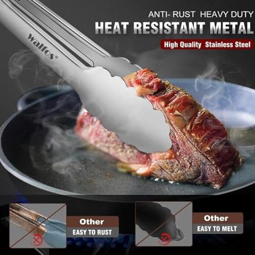 Walfos tongs for cooking, All Metal Kitchen Tongs 600℉ Heat Resistant, Heavy Duty Locking Tongs 2-piece 12 Inch - color: All Metal, size: 12in+12in