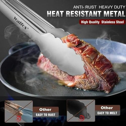 Tong for cooking, Walfos kitchen tongs set of 2 - Heat Resistant 600℉, Heavy Duty Locking Metal cooking Tongs, Stainless Steel BBQ Grilling,(All Metal 12in+16in) - color: All Metal, size: 12in+16in