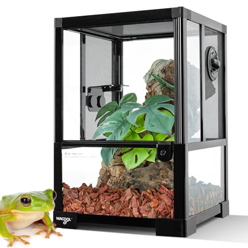 WACOOL TERRA Vertical Habitat Tank 10 Gallon for Tree Dwelling Reptiles and Amphibians, 360°Full Vision Glass Reptile Terrarium 12" x 12" x 18" with Double Side Mesh Panels