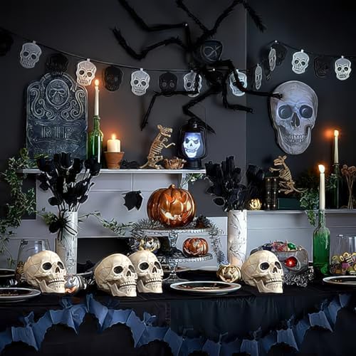 CUNHUYSmall Skulls Halloween Decor, 5 Inch Plastic Fake Skeletons, Mini Skulls for Crafts Outdoor Halloween Decorations, Realistic Miniature Human Skull Heads (4)